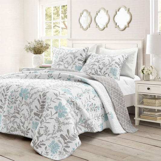 Full/Queen Blue Grey Floral Lightweight Thin Polyester Fabric 3-Piece